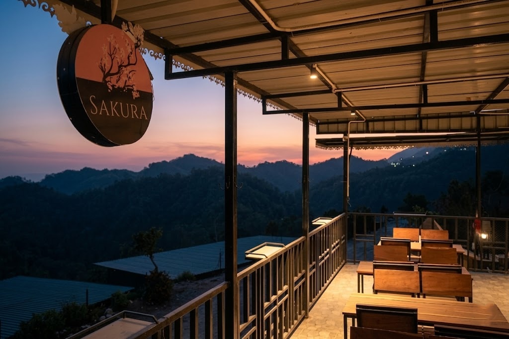 Panoramic views of the Dehradun valley framed by blossoming trees